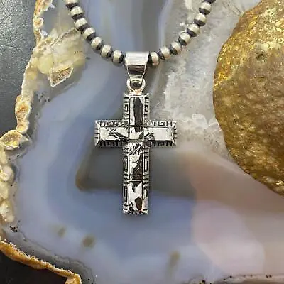 Native American Sterling White Buffalo Inlay Decorated Cross Unisex Pendant • $123.75