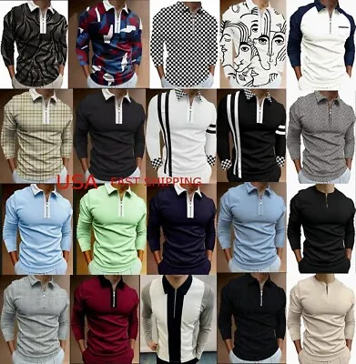 Polo T Shirts Men Zipper Collar Dress Long Sleeve Two Tone Sport Golf Casual Tee • $25.86