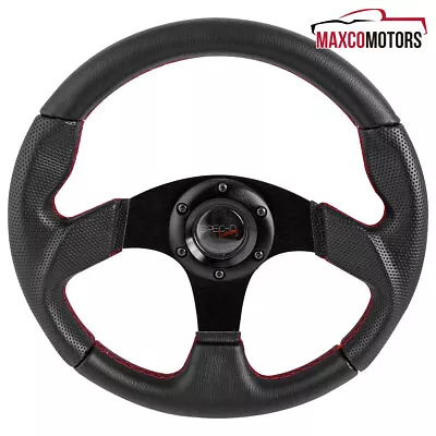 Steering Wheel Fits 320mm Black Leather 3-Spoke Red Stitches Racing+Horn Button • $36.57