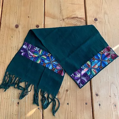 Maya Mexican Chiapas Green Rectangle Embroidered Table Runner Scarf 10x50In • $15