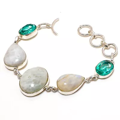 925 Sterling Silver Moonstone Green Onyx Gemstone Bracelet Jewelry Size 7-8  • $9.99