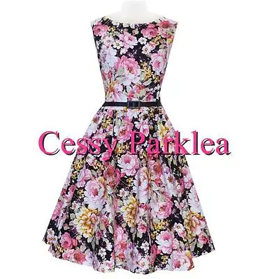 $39.95 • Buy 50s Rockabilly Pink Black Floral Retro Vintage Audrey Hepburn Dress