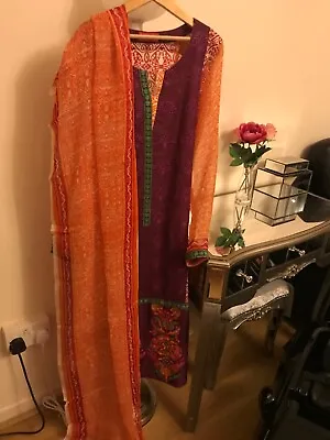 Pakistani Embroidered Cotton Kameez Size XS Beautiful Duppata 2 Piece Suit • £8.49