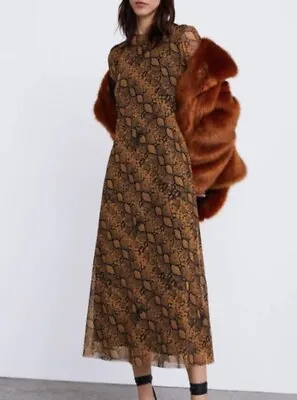 Zara Womens Leopard Animal Print Style Maxi Dress Top Brown Midi Abaya Small 8 • £9.99
