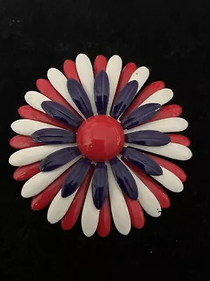 Vintage 1960's Enamel RED WHITE BLUE DAISY Flower Brooch Pin Estate Jewelry • $10