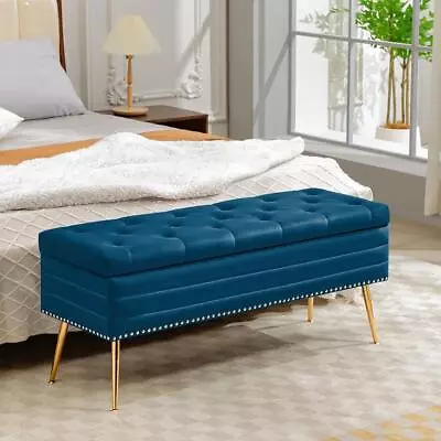 JEAREY Entryway Bench W/ Gold Base Storage Ottoman Diamond Tufted Velvet Navy • $158.02