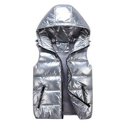 Adults Men Bubble Jacket Coat Top Quilted Hooded Waistcoat Metallic Shiny Gilet • $34.46