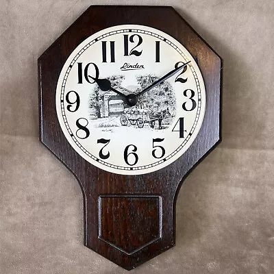 Vintage Linden Wooden/Enamel Wall Clock *VIDEO* Covered Bridge/Farm Horse&Buggy • $49.99