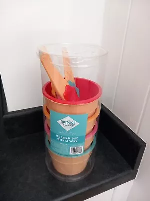 Set Of 4 Plastic  Ice Cream Tubs With Spoons New • £5