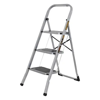 3 Step Ladder Heavy-Duty Steel Non-Slip Rubber Steps Foldable TOUGH MASTER • £25.49
