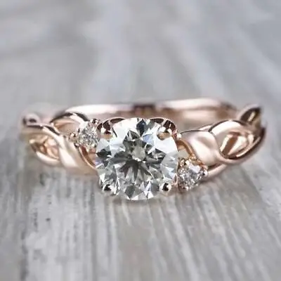 £395 • Buy Round Cut Moissanite Floral Inspired 3 Stone Engagement Ring 18k Solid Rose Gold
