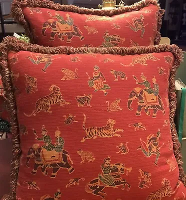 (2) 17” Decorative Pillows~Elephants/Tigers/Monkeys/Men~Down Insert/Fringe~Red~ • $48.99