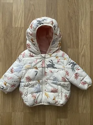 M&S Baby 3-6 Months Puffer Jacket Coat Padded Hooded Rabbit Wildlife Pattern • £7.99