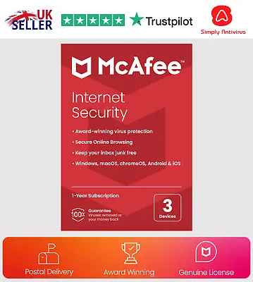£8.99 • Buy McAfee Internet Security Antivirus 2022/2023- 3 Devices - 1 Year - Del By Post