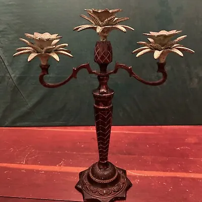 Vintage Cast Iron Palm Tree Candle Holder Tropical Motif Candelabra 3 Candles • $30