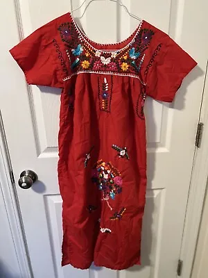 Mexican Traditional Embroidered Poly Cotton Floral Fiesta Red Dress SZ Small • $20