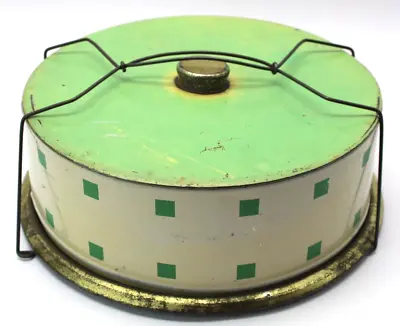 Vintage Cake Carrier Wire Handle Green Round Mid Century Modern Decor • $24.99