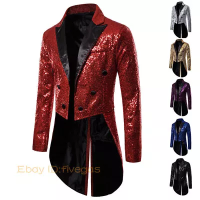 Men Shiny Sequin Jacket Tuxedo Tailcoat Wedding Prom Suit Magician Showman Cool • $60.98