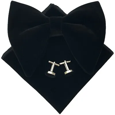 Mens Pre-Tied Oversized Bow Tie Black Velvet Bowtie Cufflinks Hankie Tuxedo Sets • $26.99
