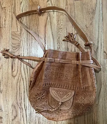 Moroccan Leather Stamped Tribal Tooled Embossed Natural Beige Shoulder Hand Bag • $59.99