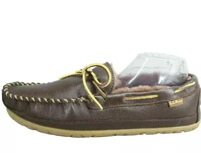 LL Bean Moosehide Men's Brown Leather Wicked Good Moccasin Slippers Size 12 M • $42.50