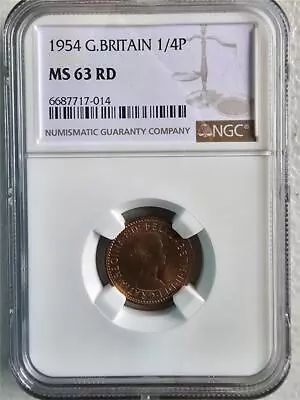 Great Britain 1/4 Penny 1954 NGC MS 63 RD • $50