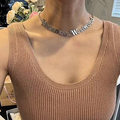 New~Vivienne Westwood Logo Punk Hip Hop Necklace Chocker Silver Tone With Box • $89