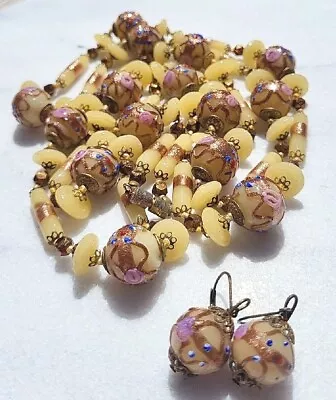 Vintage Italy Venetian Yellow Wedding Cake Glass Bead Flapper Necklace Set 48  • $148