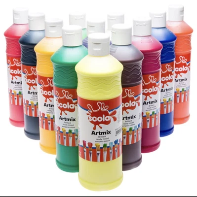 SCOLA Artmix 600ml X 12 READY MIXED PAINT For Children Bottled Art & Craft Paint • £29.99