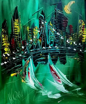 CITYSCAPE PAINTING By Mark Kazav Pop Art Abstract Modern CANVAS Original  GREEN • $57.77