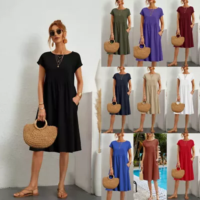 Women's Cotton Linen Round Neck A-line Dress Casual Loose Solid Swing Skirt • £11.22