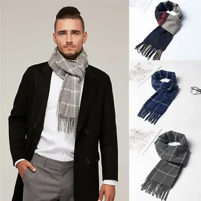 Mens Cashmere Scarf Winter Warm Soft Fringe Striped Long Shawl Wrap • £6.89