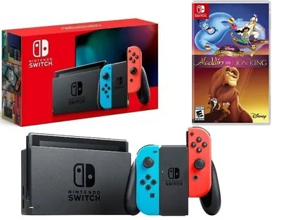 NEW Nintendo Switch V2 Neon Bundle + 2 Disney Games Of Aladdin & The Lion King • $279.99