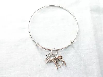 2 Sided 3d Detailed Bull Moose Charm On Silver Adjustable Bangle Bracelet • $5.99