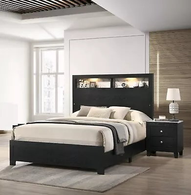 Modern Black & White Marble 3pc Queen Panel Bed LED Wooden Bedroom Furniture Set • $949.99