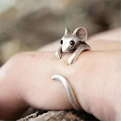 Vintage Cute Mouse Animal Silver Plated Adjustable Cuff Ring Creative Lovely New • $12.98