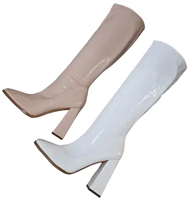 WOMENS LONG KNEE HEELED BOOTS GOGO FANCY DRESS PARTY 60s 70s RETRO BEIGE WHITE • £21.99