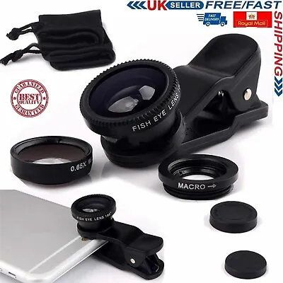 3 In 1 Mobile Camera Lens Fish Eye Wide Angle Macro Clip Set For IPhone Samsung • £3.19