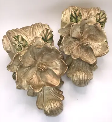 Vintage Magnolia Blossom Drapery Curtain Swag Holders Pair Resin Antiqued Gold • $28.50