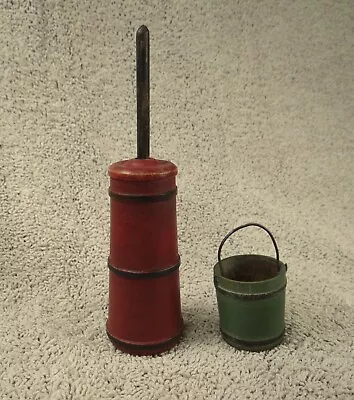 Vintage Old Miniature Dollhouse Farm Red Butter Churn & Green Color Bucket • $29.99