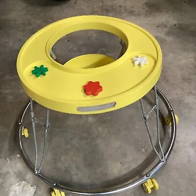 Vintage 80s Infant Baby Walker Round -Yellow Chrome- Toy Tray- Collapsible Retro • $77