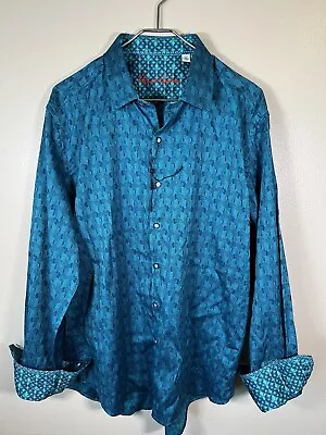 ROBERT GRAHAM NWOT Atlas Teal Long Sleeve Contrast Cuffs Button Sport Shirt XL • $59