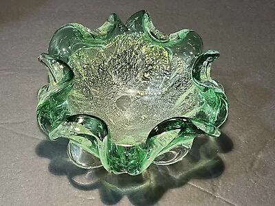 Vintage MURANO Art Glass GREEN Bowl Ashtray Silver Gold Flecks • $31.99