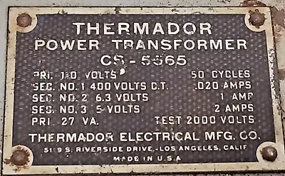 Thermador CS-5565 Power Transformer   110V - 400V C.T. -  6.3V - 1A / 5V - 2A • $49