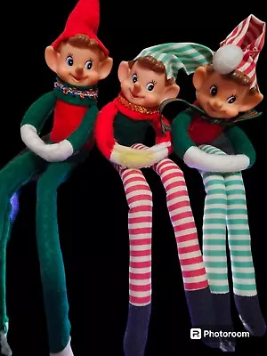 Vintage Pixie Elf Knee Hugger Red Green MCM Christmas Rubber Face Pair • $1.99