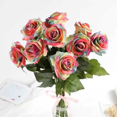 8x Colorful Fake Flowers Bouquet Rainbow Artificial Rose  Home Party Decor Set • £10.45