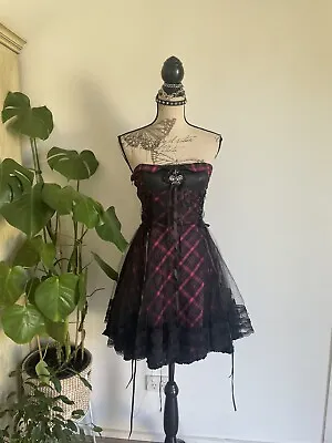 Goth Punk Rave Scene Queen Pink Plaid Tartan Frilly Sheer Tulle Lace Mini Dress • $120