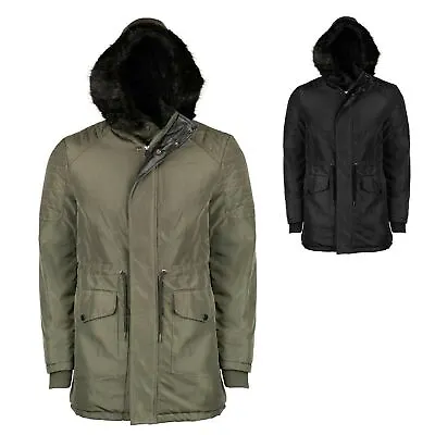 Mens Parka Quilted Jacket Fur Lined Hood Sherpa Parker Padded Winter Coat S-XXL • £19.99