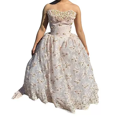 Lillie Rubin 50's Chiffon Tulle Pink Floral Applique Strapless Party Prom XS • $399.99