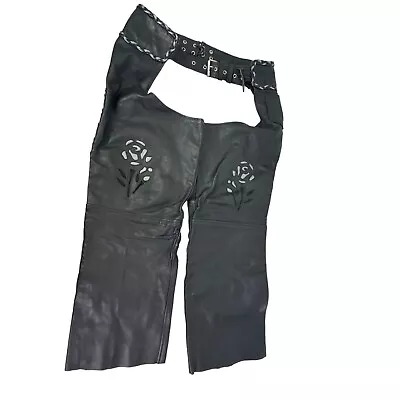 UNIK Womens Size L Black Leather Motorcycle Riding Chaps Rose Design Silver Trim • $24.95